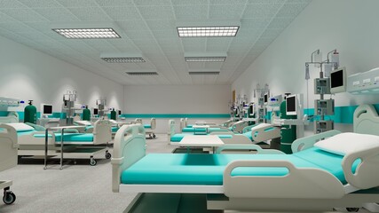 Hospital room with beds .Empty bed  and wheelchair in nursing  a clinic or hospital .3d rendering room and comfortable sofa.Modern hospital,health care concept.