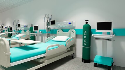 Hospital room with beds .Empty bed  and wheelchair in nursing  a clinic or hospital .3d rendering room and comfortable sofa.Modern hospital,health care concept.