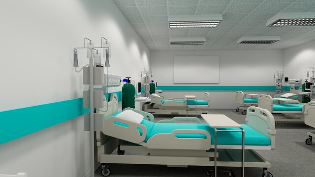 Hospital room with beds .Empty bed  and wheelchair in nursing  a clinic or hospital .3d rendering room and comfortable sofa.Modern hospital,health care concept.