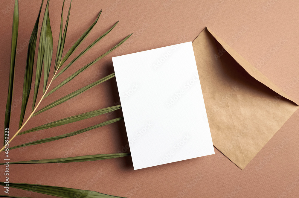 Wall mural invitation card mockup with palm tree leaf decoration