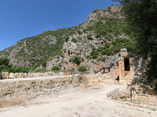 Scenic view of rock tombs of Tlos an ancient ruined Lycian hilltop citadel near the resort town of Fethiye
