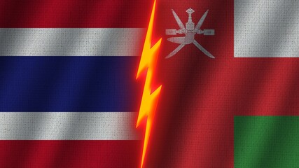 Oman and Thailand Flags Together, Wavy Fabric Texture Effect, Neon Glow Effect, Shining Thunder Icon, Crisis Concept, 3D Illustration