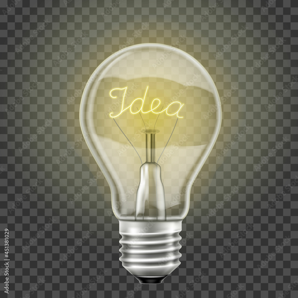 Poster glowing light bulb with the word idea , realistic 3d vector, isolated on a transparent background. e