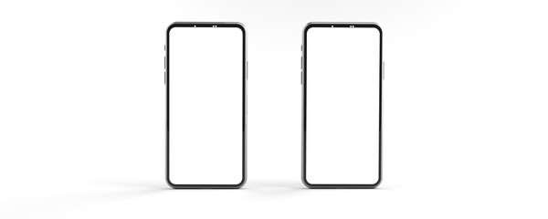 3D rendering of mockups Smartphones white screen on white floor, Mobile phone lay down on the ground. Smartphones white screen can be used for commercial advertising, Isolated on white background.