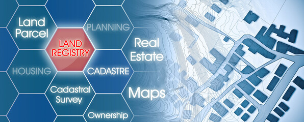 Imaginary cadastral map of territory with buildings, roads and land parcel - concept illustration with Land Registry text