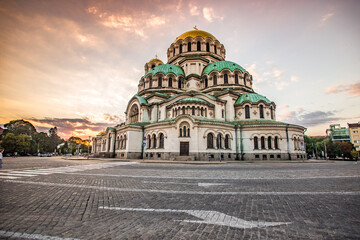 Fototapeta na wymiar St. Alexander Nevsky Cathedral in the center of Sofia, capital of Bulgaria against the sunset sky.