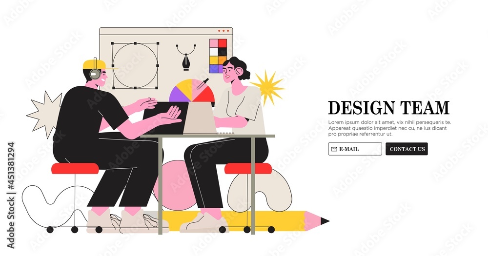 Poster web design studio or team working on laptops and discuss new project visualization. creative or educ