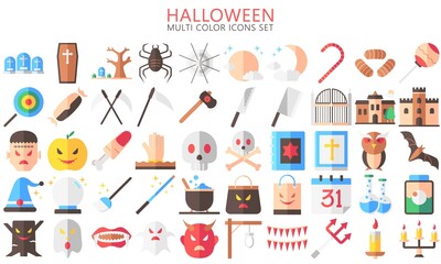 Fototapeta na wymiar Halloween multi color Icons set, include ghost, candy, mask, skull, zombie, castle, moon and others. Used for modern concepts, web, UI or UX kit and applications, EPS 10 ready convert to SVG