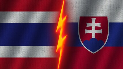 Slovakia and Thailand Flags Together, Wavy Fabric Texture Effect, Neon Glow Effect, Shining Thunder Icon, Crisis Concept, 3D Illustration