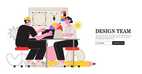 Web design studio or team working on laptops and discuss new project visualization. Creative or educational process banner, ad, landing page or poster for web design studio job or career and courses.