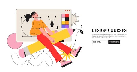 Woman designer flying on pencil. Creative or educational process banner, ad, landing page or poster for web design studio or courses. Generating ideas, imagination, inspiration concept.