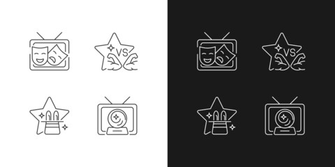 TV shows genres linear icons set for dark and light mode. Drama series. Talent contest. Mystical serial. Customizable thin line symbols. Isolated vector outline illustrations. Editable stroke