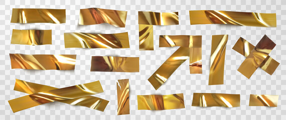 Set of isolated gold tape on a transparent background. Realistic pieces of gold scotch tape for attaching. Realistic 3D vector illustration.	