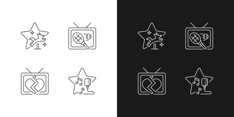 Television series genres linear icons set for dark and light mode. Pet training. Sport program, tennis broadcast. Customizable thin line symbols. Isolated vector outline illustrations. Editable stroke