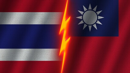 Taiwan and Thailand Flags Together, Wavy Fabric Texture Effect, Neon Glow Effect, Shining Thunder Icon, Crisis Concept, 3D Illustration
