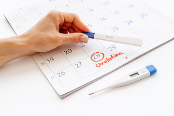 Ovulation home test in female hand over calendar with red mark