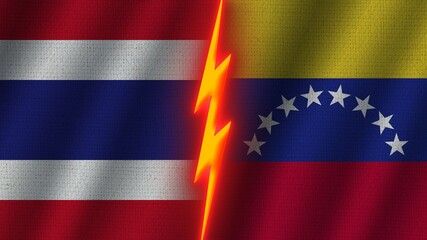 Venezuela and Thailand Flags Together, Wavy Fabric Texture Effect, Neon Glow Effect, Shining Thunder Icon, Crisis Concept, 3D Illustration