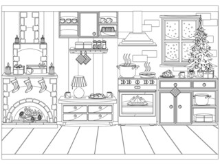 Festive decorated kitchen for the new year and Christmas. Vector coloring.