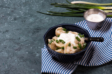 Traditional russian pelmeni or meat dumplings with sour cream