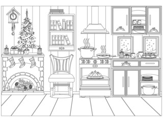 Festive decorated kitchen for the new year and Christmas. Vector coloring.