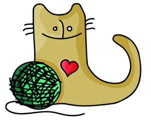 Cat and a ball of wool vector simple illustration flat logo