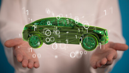 Electric car icon from lines, triangles and particle style