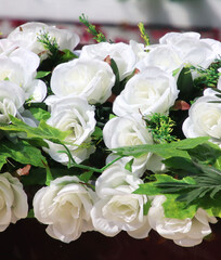 white colored roses are beautifully decorated on the stage
