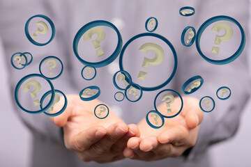 Businessman solving problem with digital question marks 3D rendering