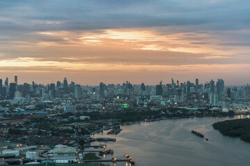 Bangkok, Thailand - Aug 04, 2021 : Beautiful curve of the chao phraya river in the evening time....