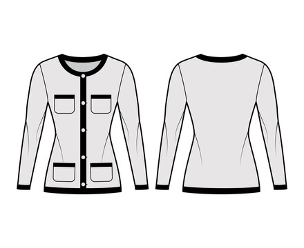 Blazer Jacket like Chanel suit technical fashion illustration with long sleeves, patch pockets, fitted body, button closure. Flat coat template front, back, grey color style. Women, men CAD mockup