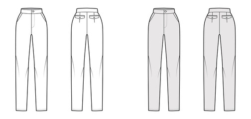 Pants slim fitted straight technical fashion illustration with normal waist, high rise, full length. Flat bottom trousers apparel template front, back, white grey color. Women men unisex CAD mockup