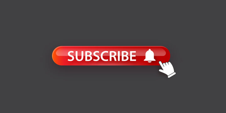 Red subscribe button with ring bell isolated on stylish grey background. Subscribe banner design template with glossy red glass Subscribe video or channel button and hand