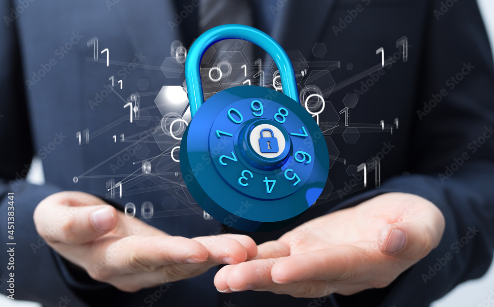Poster Businessman using digital padlock with data protection 3D rendering