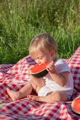 Cute dirty caucasian blonde baby girl eating fresh red watermelon at picnic in summer sunny weather. Healthy food for infant or kid loving fruit and berry concept. Vertical photo