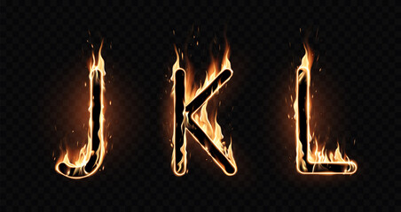 Three fire letters on a dark background. A special transparent smoke effect. Highly realistic illustration.