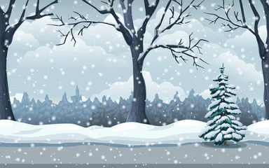 Foto auf Leinwand scenic winter snowfall landscape. seamless snow background with trees, road and forest. park or garden snowy panorama. cold season scene. Cartoon vector illustration great for game location design © Elena