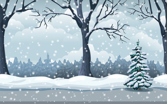 scenic winter snowfall landscape. seamless snow background with trees, road and forest. park or garden snowy panorama. cold season scene. Cartoon vector illustration great for game location design
