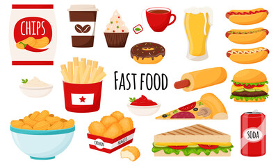 Fast food collection. A set of fatty, high-calorie, harmful food. Hamburger, hot dog, chips, French fries, chicken nuggets, pizza, chips . Flat cartoon style, isolated on white. vector illustration