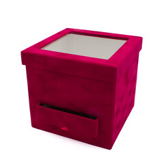 velvet red gift box with compartment and transparent lid isolated on white background