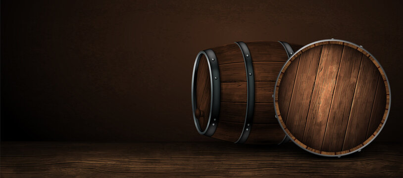 Beer barrel and cap on a wooden background. Highly realistic illustration.