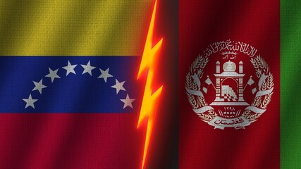 Afghanistan and Venezuela Flags Together, Wavy Fabric Texture Effect, Neon Glow Effect, Shining Thunder Icon, Crisis Concept, 3D Illustration