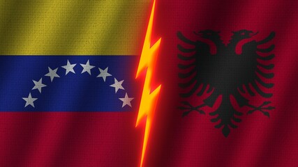 Albania and Venezuela Flags Together, Wavy Fabric Texture Effect, Neon Glow Effect, Shining Thunder Icon, Crisis Concept, 3D Illustration