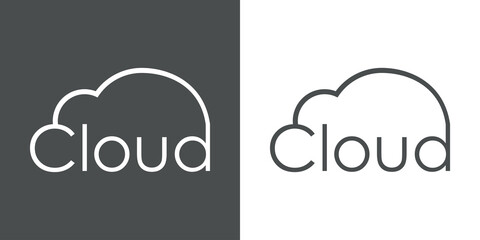 Computing cloud. Logotipo con silueta de nube con texto Cloud con lineas en fondo gris y fondo blanco