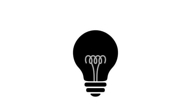 Lamp bulb turns on and off, blink, simple flat icon. Animated idea sign, cartoon icon. Gloving incandescent lamp symbol on transparent background. 4k seamless loop video with alpha channel.
