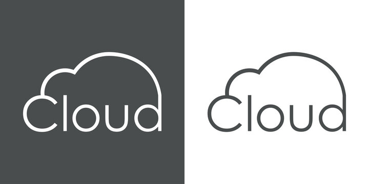 Computing cloud. Logotipo con silueta de nube con texto Cloud con lineas en fondo gris y fondo blanco