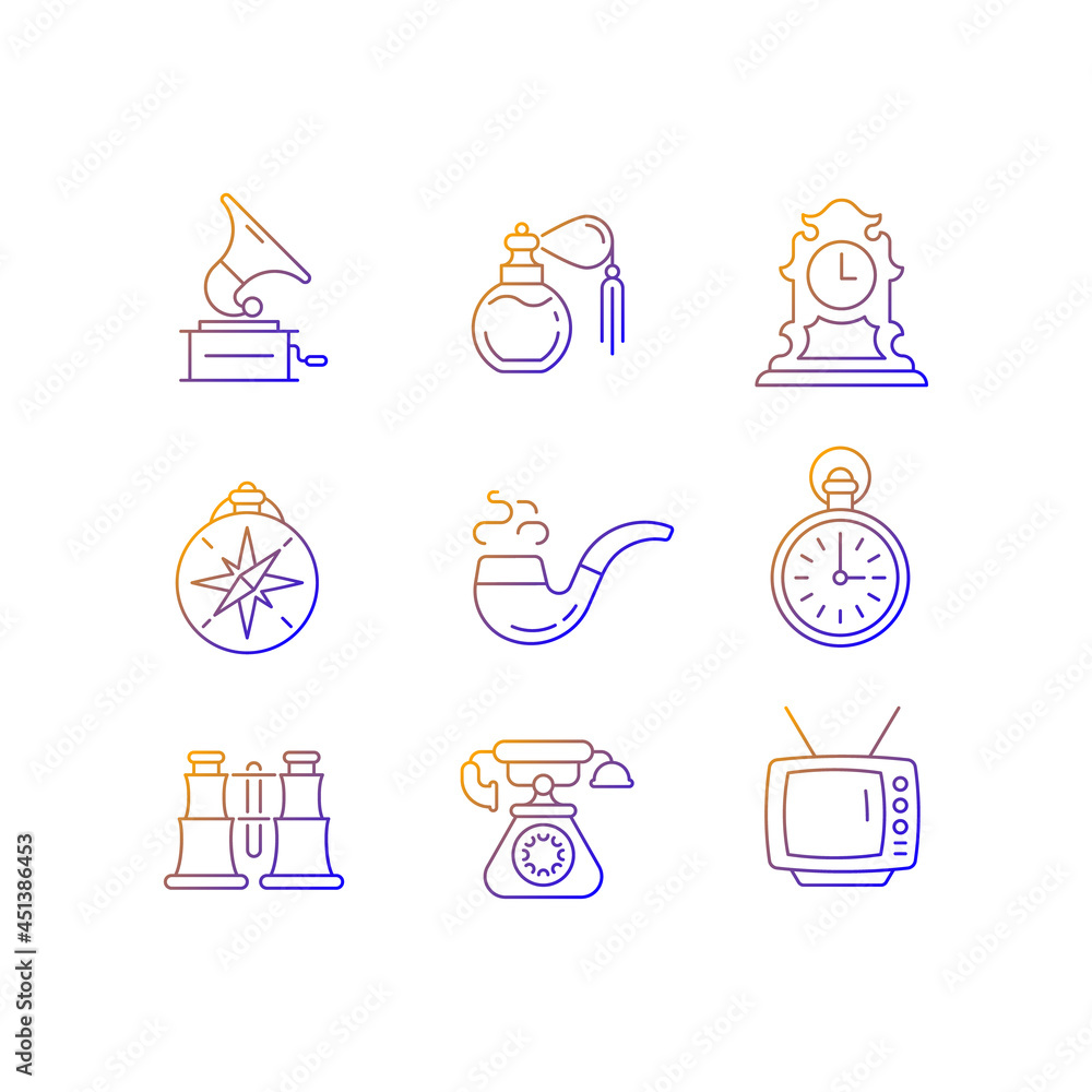 Aufkleber retro items gradient linear vector icons set. phonograph records. vintage perfume. tabletop clock. s