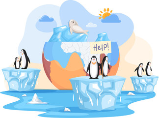 Animal extinction due to glaciers melting concept. Global warming and climate change on Earth. Polar animals on melting icebergs ask for help. Penguins and seals near planet during global warming