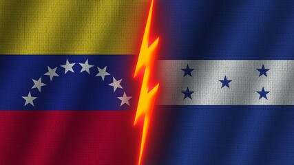 Honduras and Venezuela Flags Together, Wavy Fabric Texture Effect, Neon Glow Effect, Shining Thunder Icon, Crisis Concept, 3D Illustration