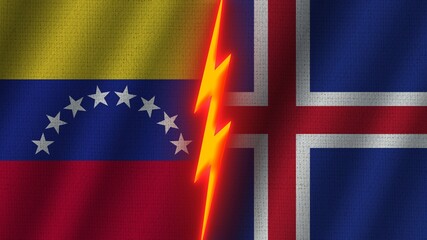 Iceland and Venezuela Flags Together, Wavy Fabric Texture Effect, Neon Glow Effect, Shining Thunder Icon, Crisis Concept, 3D Illustration