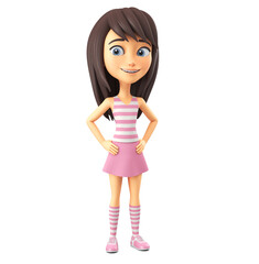 Cartoon character cheerful girl in pink clothes stands on a white background. 3d render illustration.